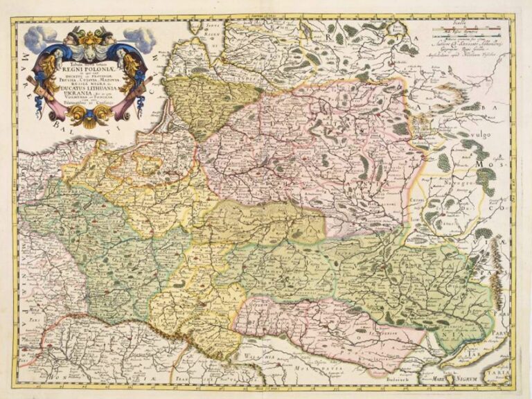 "Tabula Nova totius REGNI POLONIÆ in quo sunt DUCATUS et PROVINCIÆ Prussia, Cujavia, Mazovia, RUSSIA, NIGRA &c. DUCATUS LITHUANIA, UKRAINIA... VOLHYNIA et PODOLIA,"