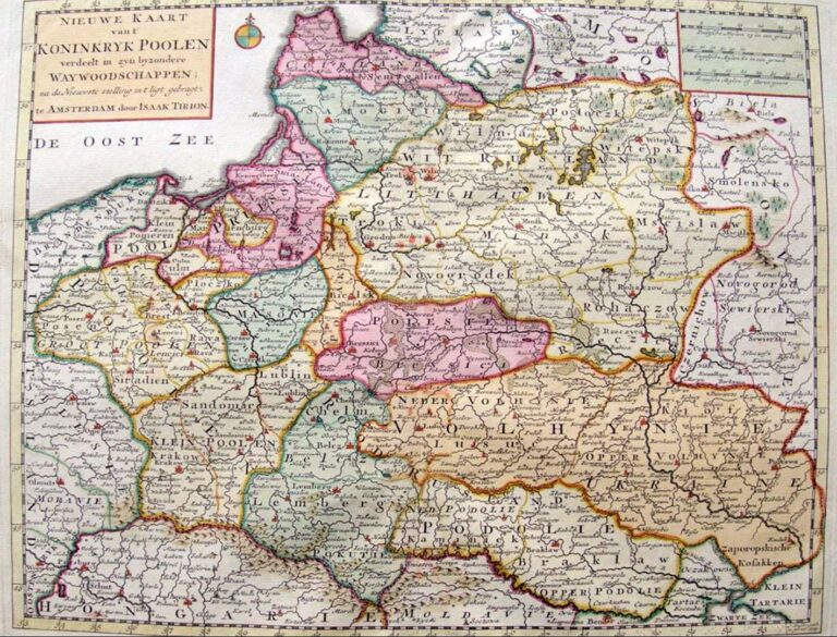 "Nieuwe Kaart vant KONINKRYK POOLEN, verdeet in zyn byzondere Waywoodschapen na de Nieuwste stellung int ligt gebragt te Amsterdam door Isaak Tirion"