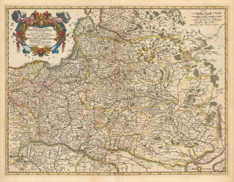 "Tabula Nova totius REGNI POLONIÆ in quo sunt DUCATUS et PROVINCIÆ Prussia, Cujavia, Mazovia, RUSSIA, NIGRA &c. DUCATUS LITHUANIA, UKRAINIA... VOLHYNIA et PODOLIA,"