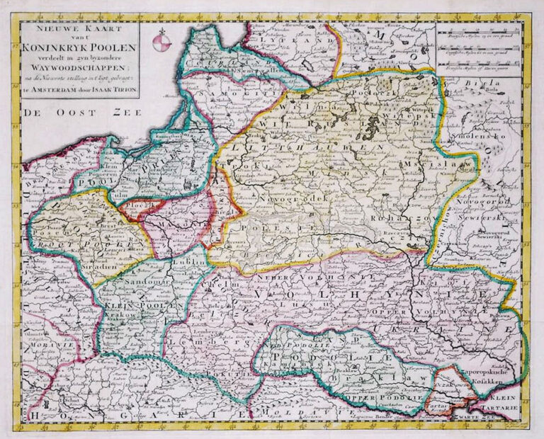 "Nieuwe Kaart vant KONINKRYK POOLEN, verdeet in zyn byzondere Waywoodschapen na de Nieuwste stellung int ligt gebragt te Amsterdam door Isaak Tirion"