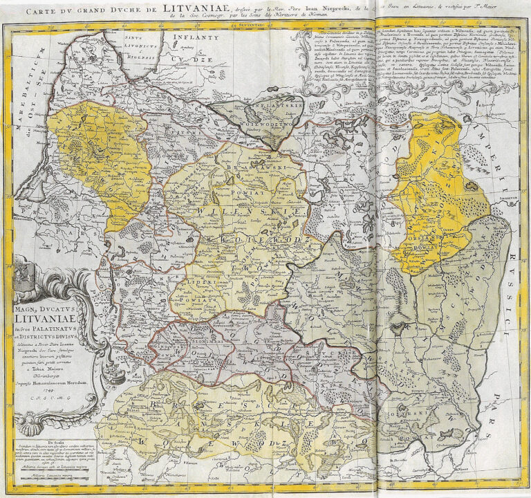 "MAGN. DVCATVS LITVANIÆ in svos palatinatvs et districtvs divisvs / delineatus a... Ioanne Nieprecki...Simulque exactiore locorum positione quantum fieri potuit correctus a Tobia Majero. - Norimbergae : impensis Homannianorum Heredum, 1749. C.P.S.C.M.G. [Cum Privilegio Sacræ Cæsaræ Majestatis Gratia]"