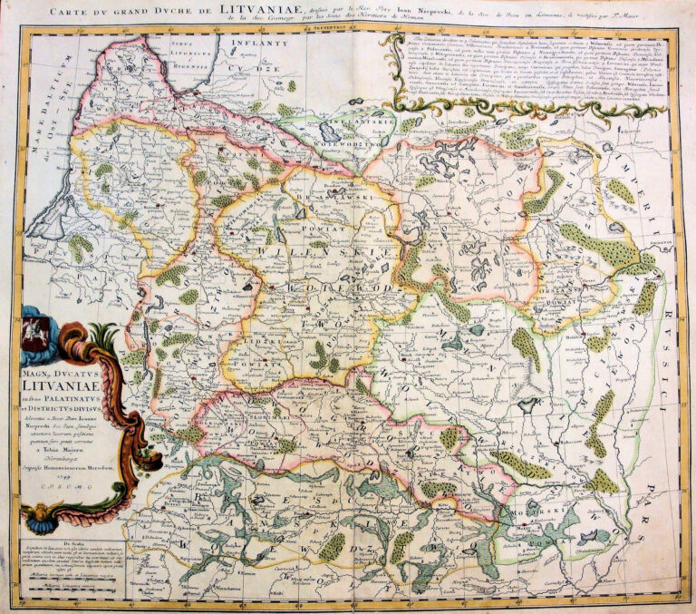"MAGN. DVCATVS LITVANIÆ in svos palatinatvs et districtvs divisvs / delineatus a... Ioanne Nieprecki...Simulque exactiore locorum positione quantum fieri potuit correctus a Tobia Majero. - Norimbergae : impensis Homannianorum Heredum, 1749. C.P.S.C.M.G. [Cum Privilegio Sacræ Cæsaræ Majestatis Gratia]"