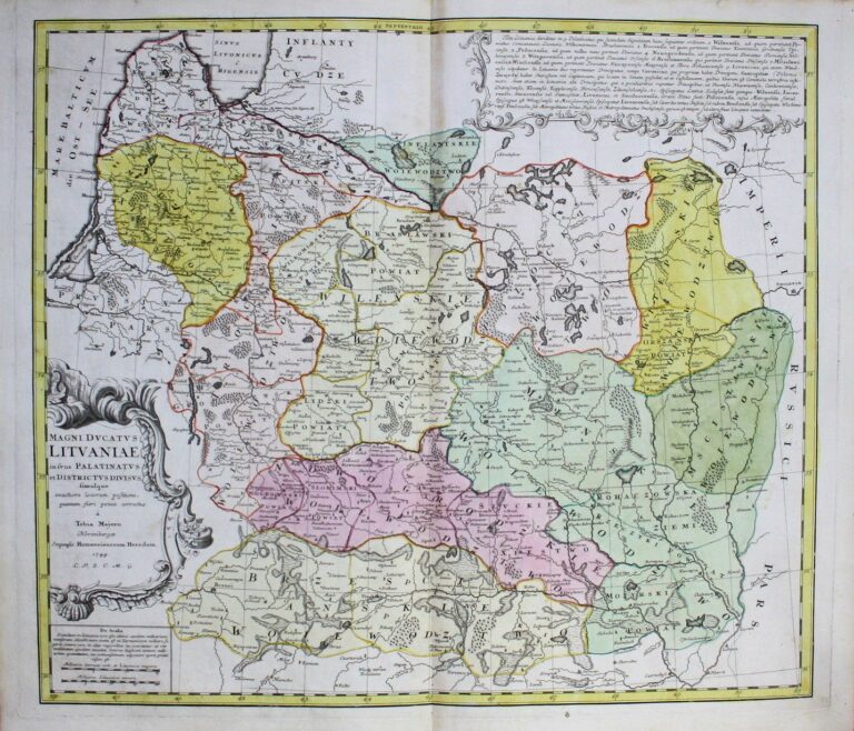"MAGN. DVCATVS LITVANIÆ in svos palatinatvs et districtvs divisvs / delineatus a... Ioanne Nieprecki...Simulque exactiore locorum positione quantum fieri potuit correctus a Tobia Majero. - Norimbergae : impensis Homannianorum Heredum, 1749. C.P.S.C.M.G. [Cum Privilegio Sacræ Cæsaræ Majestatis Gratia]"