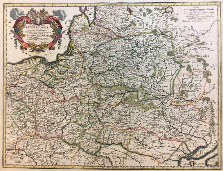 "Tabula Nova totius REGNI POLONIÆ in quo sunt DUCATUS et PROVINCIÆ Prussia, Cujavia, Mazovia, RUSSIA, NIGRA &c. DUCATUS LITHUANIA, UKRAINIA... VOLHYNIA et PODOLIA,"