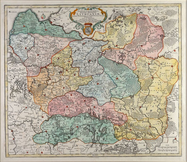 "Novißima et accuratißima Magni Ducatus  Magni Ducatus Lithuaniæ in suos Palatinaus et Castellanias divisae Delineatio, cura et impressis Matthaei Seutteri, S. Caes. et reg. Cathol. Majest. Geogr. et Chalcographi Augustani,"