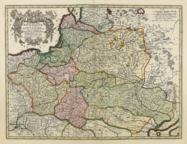 "Tabula Nova totius REGNI POLONIÆ in quo sunt DUCATUS et PROVINCIÆ Prussia, Cujavia, Mazovia, RUSSIA, NIGRA &c. DUCATUS LITHUANIA, UKRAINIA... VOLHYNIA et PODOLIA,"