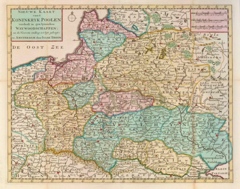 "Nieuwe Kaart vant KONINKRYK POOLEN, verdeet in zyn byzondere Waywoodschapen na de Nieuwste stellung int ligt gebragt te Amsterdam door Isaak Tirion"