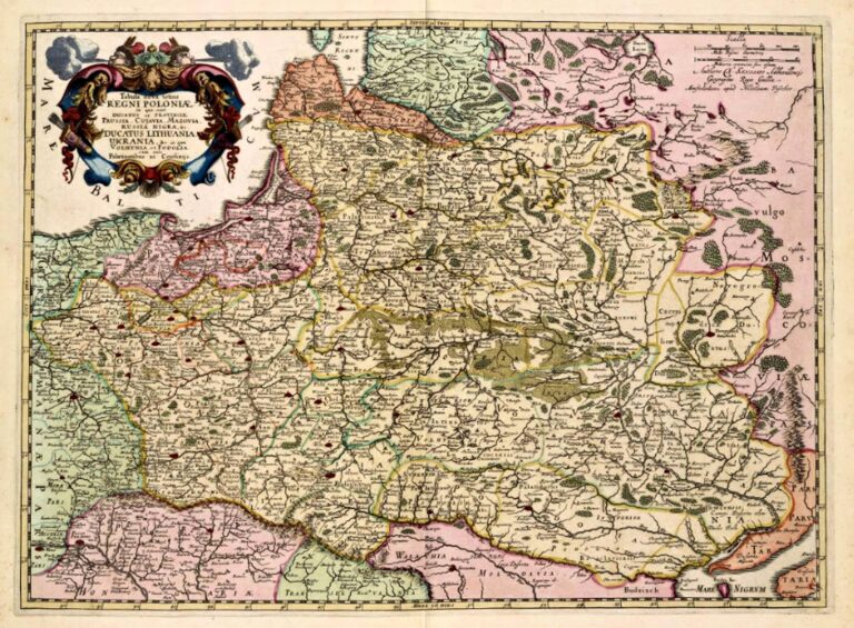 "Tabula Nova totius REGNI POLONIÆ in quo sunt DUCATUS et PROVINCIÆ Prussia, Cujavia, Mazovia, RUSSIA, NIGRA &c. DUCATUS LITHUANIA, UKRAINIA... VOLHYNIA et PODOLIA,"