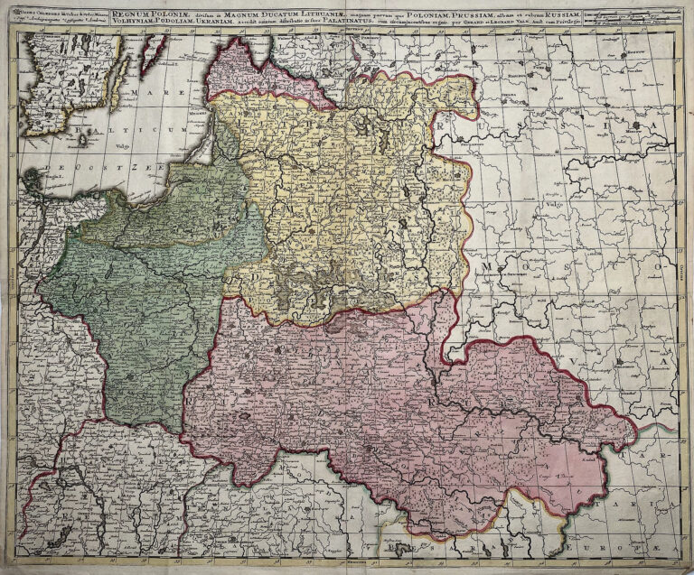 "Regnum Poloniӕ divisum in Magnum Ducatum Lithuaniæ, Magnum parvam que Poloniam, Prussiam, albam et rubram Russiam, Volhyniam, Podoliam, Ukraniam...per Gerard et Leonard Valk. Amst. cum Privilegio,"