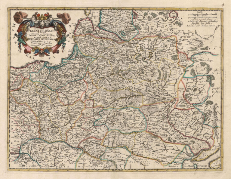 "Tabula Nova totius REGNI POLONIÆ in quo sunt DUCATUS et PROVINCIÆ Prussia, Cujavia, Mazovia, RUSSIA, NIGRA &c. DUCATUS LITHUANIA, UKRAINIA... VOLHYNIA et PODOLIA,"