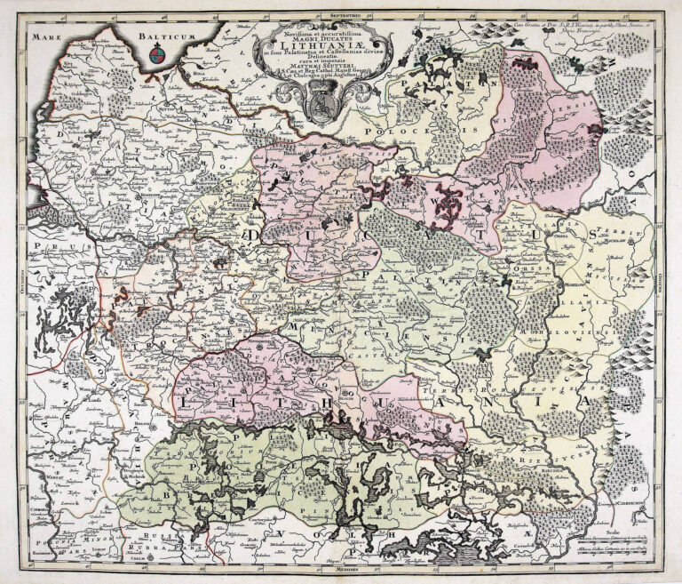 "Novißima et accuratißima Magni Ducatus  Magni Ducatus Lithuaniæ in suos Palatinaus et Castellanias divisae Delineatio, cura et impressis Matthaei Seutteri, S. Caes. et reg. Cathol. Majest. Geogr. et Chalcographi Augustani,"