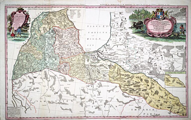 "DVCATVS CVRLANDIÆ /  juxta. Barnikelii Architecti Curici primarii Geometricam Delineationem Geographica Tabula expressus studio Homannianorum Heredum,"