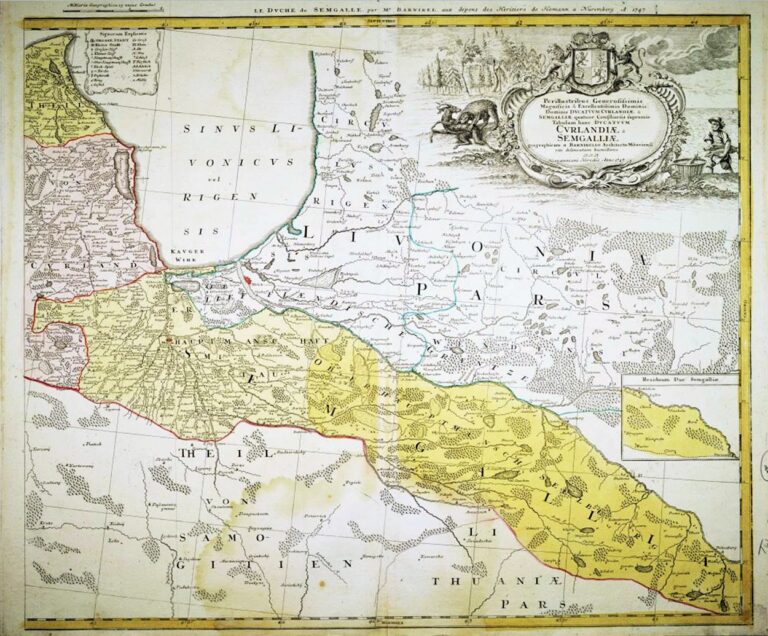 "DVCATVS CVRLANDIÆ /  juxta. Barnikelii Architecti Curici primarii Geometricam Delineationem Geographica Tabula expressus studio Homannianorum Heredum,"