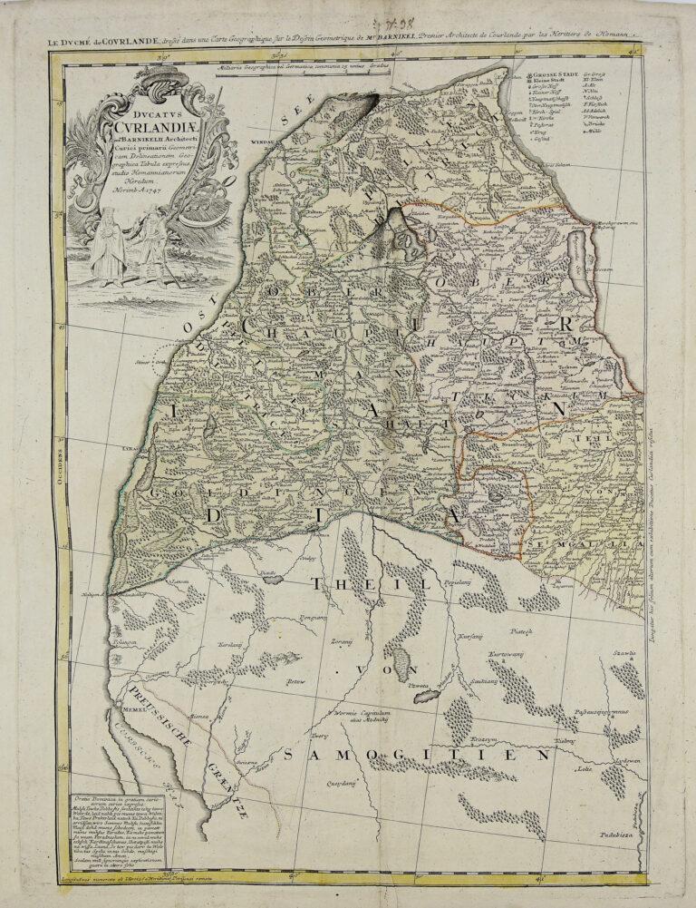 "DVCATVS CVRLANDIÆ /  juxta. Barnikelii Architecti Curici primarii Geometricam Delineationem Geographica Tabula expressus studio Homannianorum Heredum,"