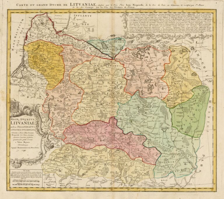 "MAGN. DVCATVS LITVANIÆ in svos palatinatvs et districtvs divisvs / delineatus a... Ioanne Nieprecki...Simulque exactiore locorum positione quantum fieri potuit correctus a Tobia Majero. - Norimbergae : impensis Homannianorum Heredum, 1749."