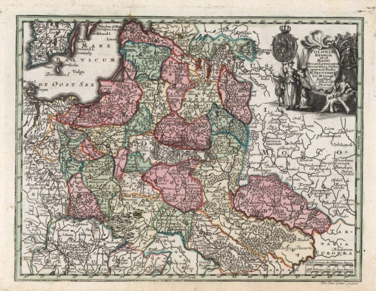 "Poloniæ Regnum ut et Magni Ducat. Lithuaniæ Accuratiss. Delin. opera et studio M. Seutteri, S.C.M. Geogr. Aug. Vindel. C. Privil. S.R. I. Vicariat. Tob. Conr. Lotter sculpsit."