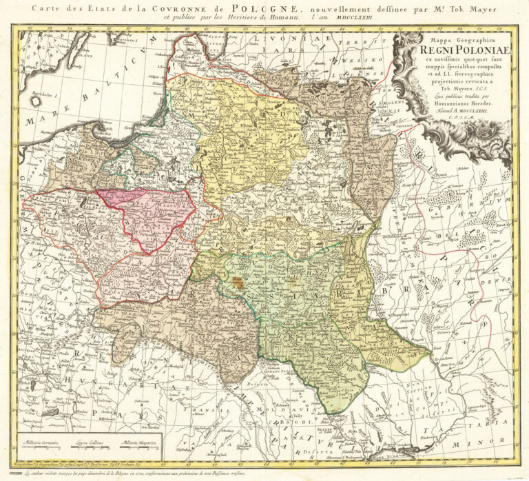"Mappa Geographica Regni Poloniae ex novissimis quot quot sunt mappis specialibus composita et ad L.L. stereographica projectionis / revocata a Tob. Mayero, S.C.S..."