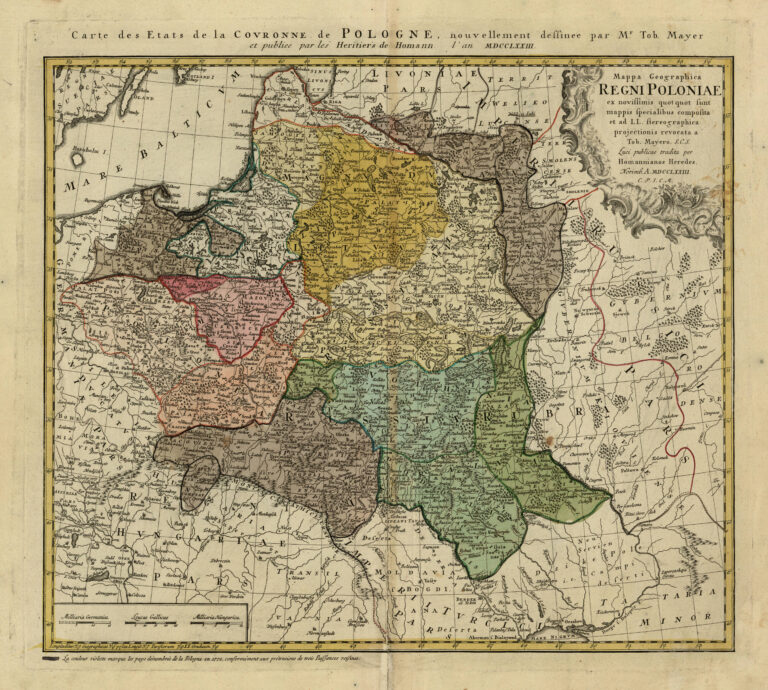"Mappa Geographica Regni Poloniae ex novissimis quot quot sunt mappis specialibus composita et ad L.L. stereographica projectionis / revocata a Tob. Mayero, S.C.S..."