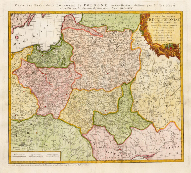 "Mappa Geographica Regni Poloniae ex novissimis quot quot sunt mappis specialibus composita et ad L.L. stereographica projectionis / revocata a Tob. Mayero, S.C.S..."