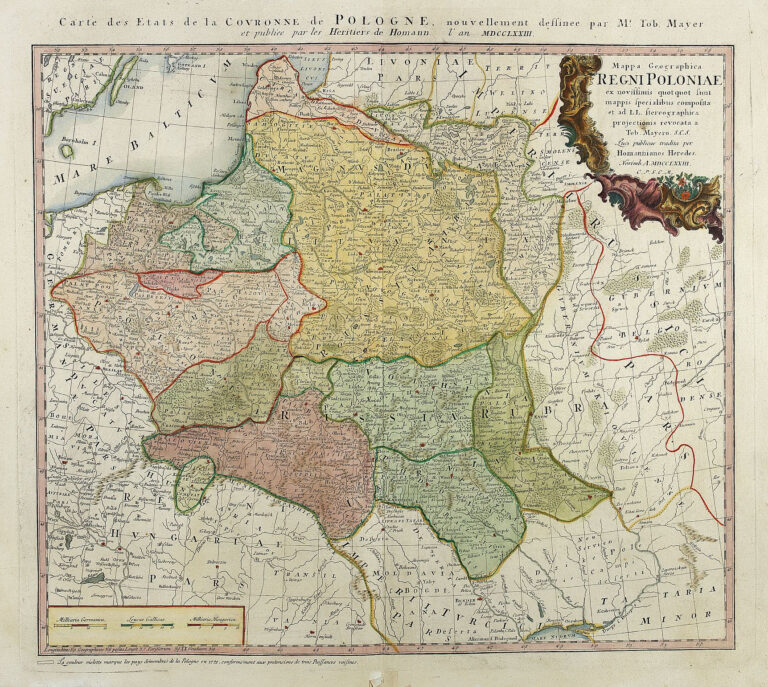"Mappa Geographica Regni Poloniae ex novissimis quot quot sunt mappis specialibus composita et ad L.L. stereographica projectionis / revocata a Tob. Mayero, S.C.S..."