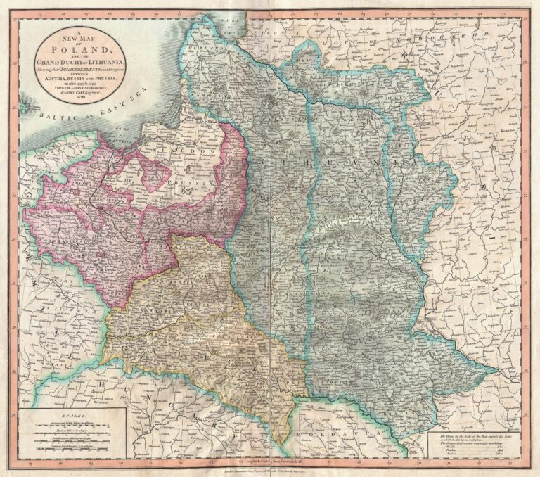 "A New Map of Poland, and the Grand Duchy of Lithuania, shewing their dismemberments and divisions between Austria, Russia and Prussia, in 1772, 1793 & 1795, from the latest authorities,"