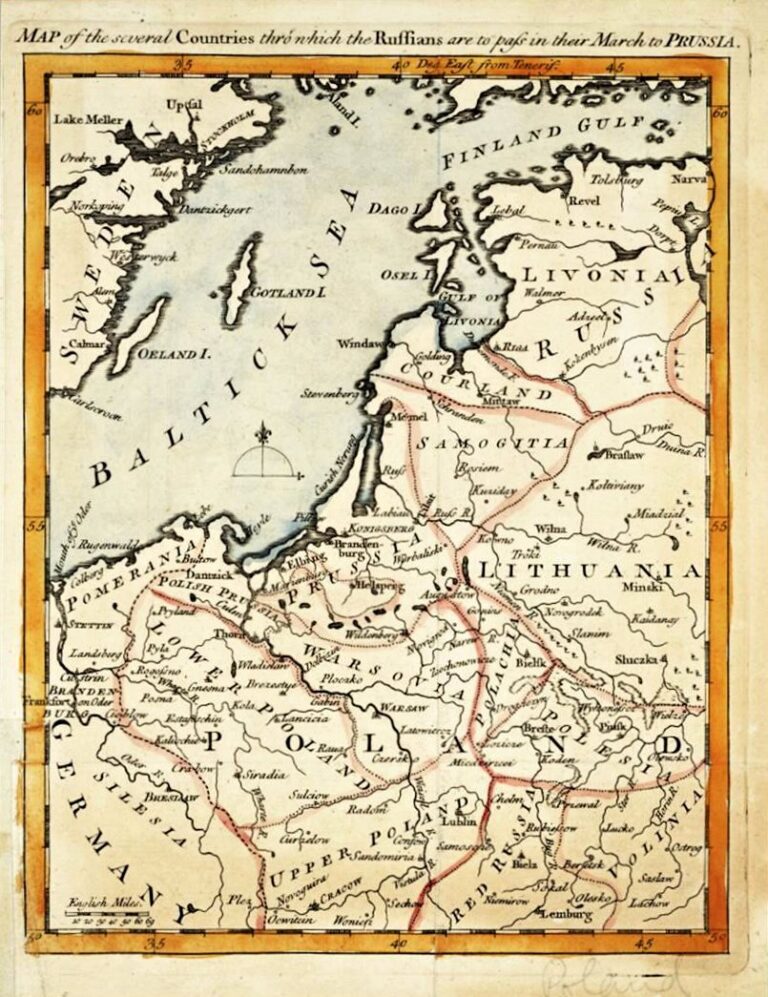 "MAP of the several Countries throw which the Russians are to pass in their March to PRUSSIA."