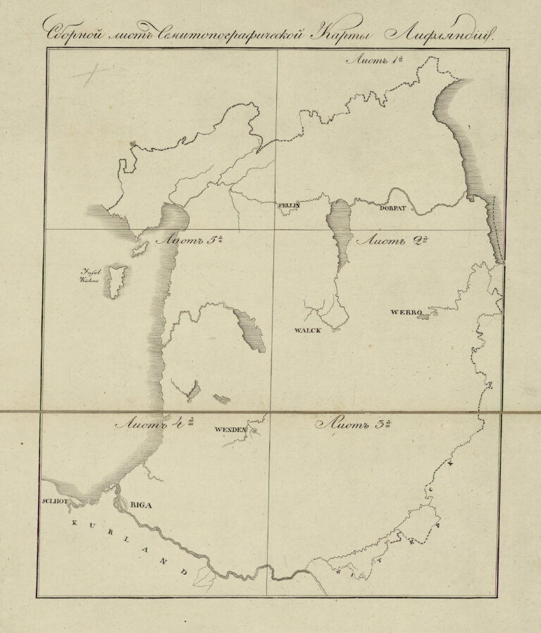 "Specialcharte von Livland in 6 Blättern: Bearbeitet und herausgegeben auf Veran stal- tung der Livländischen Gemeinnützigen und Ökon- omischen Societät nach Struves astronomisch- trigonom- etrischen Vermessung und den vollstandingen Specialmessungen gezeichnet von C. G. Rücker; gestochen im Topographischen Depot des Kaiserlichen Generalstabes"