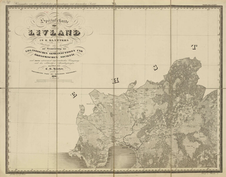 "Specialcharte von Livland in 6 Blättern: Bearbeitet und herausgegeben auf Veran stal- tung der Livländischen Gemeinnützigen und Ökon- omischen Societät nach Struves astronomisch- trigonom- etrischen Vermessung und den vollstandingen Specialmessungen gezeichnet von C. G. Rücker; gestochen im Topographischen Depot des Kaiserlichen Generalstabes"