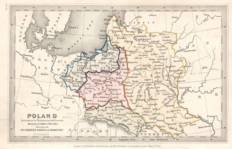 "POLAND, Previous to its Partition in 1795 between RUSSIA, AUSTRIA & PRUSSIA, Shewing also ITS PRESENT EXTENT OF TERRITORY."