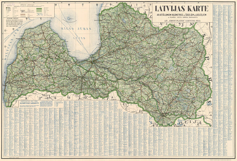 "Latvijas Karte ar attālumiem kilometros uz šosejām un lielceļiem un pilnīgu vietu vārdu sarakstu"