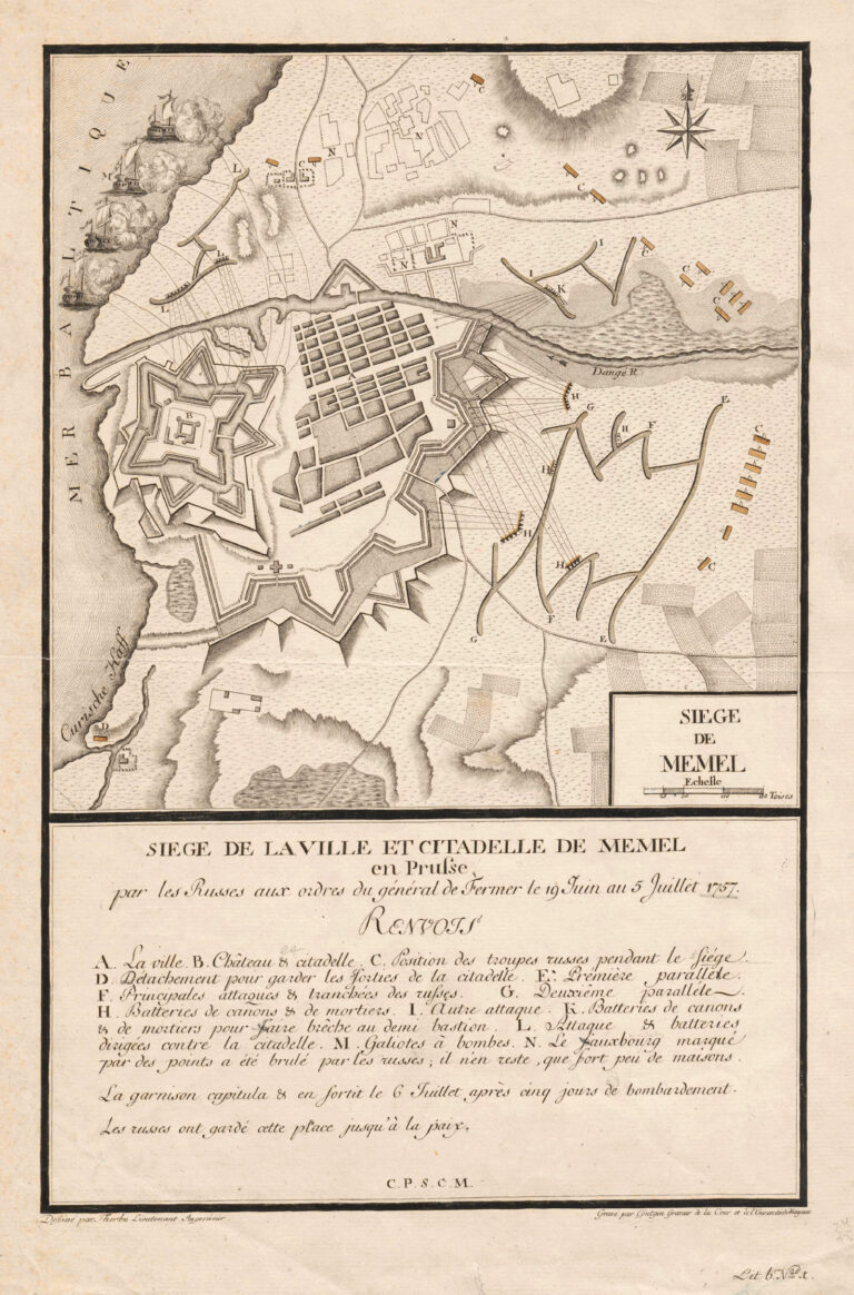 "Siege de Memel: par les Russes aux ordres général de Fermer le 19 Juin au 5 Juillet 1757 / dessiné par Therbu lieutenant ingenieur; Gravé par Cöntgen graveur de la cour et de  l’Univerdité de Mayence [Mainz]."