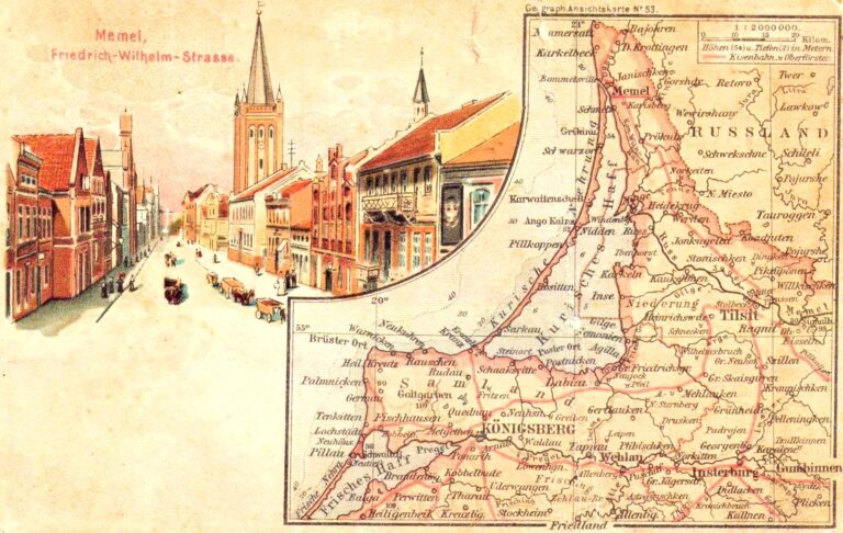 Pre-WWI Memel view and postcard mep of the Memel region