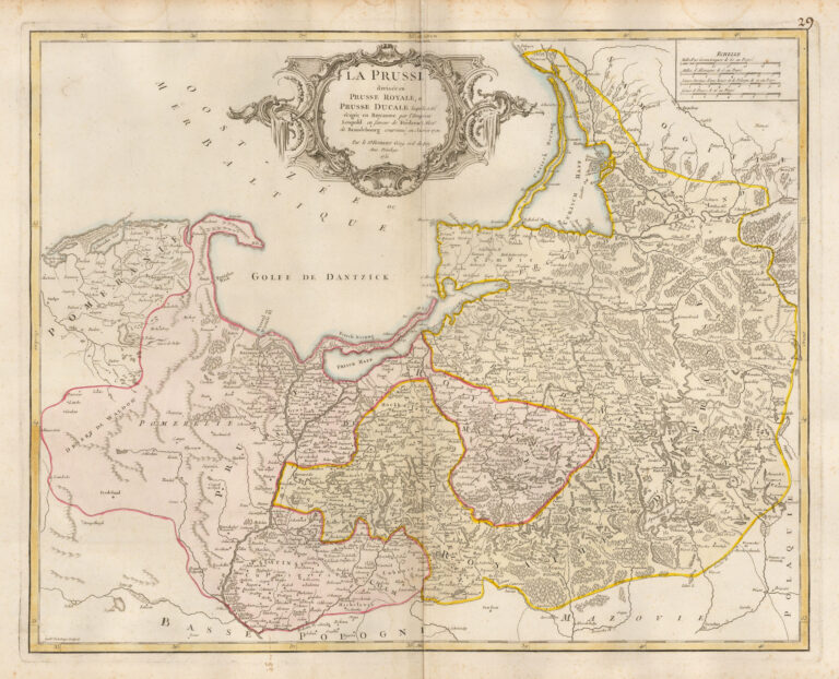 "La Prusse divisee en Prusse Royale, et Prusse Ducale laquelle a ete erigee en Royaume par l'Empereur Leopold..,"